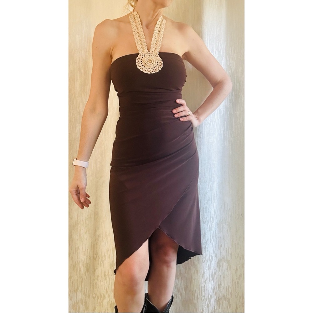 Y2K halter neck crochet necklace brown strapless dress